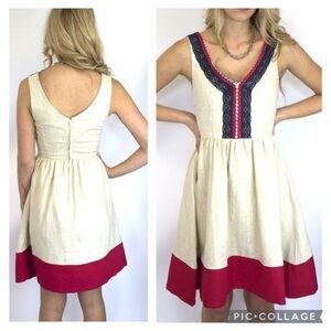 KNITTED DOVE CROCHET RICK RACK TRIM LINEN DRESS